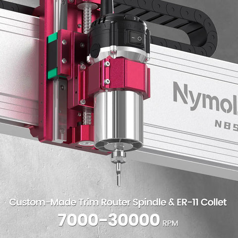 Close-up of Custom 710W spindle with ER-11 collet on the All-In-One 3 Axis CNC Router Kit Maker-Friendly with 7000 to 30000 RPM.