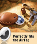 Premium Handmade Genuine Leather AirTag Holder And Keychain With Heavy Duty Rings Protective Case Compatible With Apple AirTags First And Second Gen Straight Up Solid Brown on a map with keys.