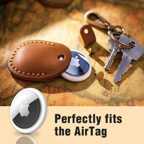 Premium Handmade Genuine Leather AirTag Holder And Keychain With Heavy Duty Rings Protective Case Compatible With Apple AirTags First And Second Gen Straight Up Solid Brown on a map with keys.