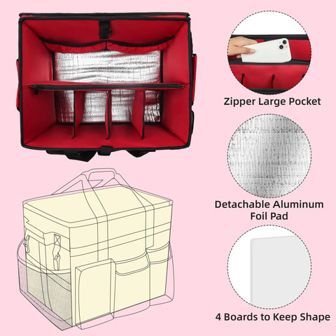 Interior view of rolling cleaning caddy with wheels, showing large zipper pocket, detachable aluminum foil pad, and 4 shape boards.