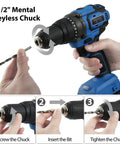 Cordless Drill Set With Brushless Motor 20V Max Drill Driver Kit Includes Charger 1/2 Inch Chuck 620 Inch Pounds Torque Dual Speed Built In LED Light For Quick and Smooth Drilling showing how to insert drill bit into keyless chuck