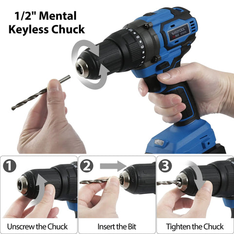 Cordless Drill Set With Brushless Motor 20V Max Drill Driver Kit Includes Charger 1/2 Inch Chuck 620 Inch Pounds Torque Dual Speed Built In LED Light For Quick and Smooth Drilling showing how to insert drill bit into keyless chuck