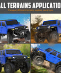 RCS24 1/24 Off Road RC Truck 4x4 Crawler With Bright Headlights Waterproof RTR Blue All Terrain Monster Vehicle showcasing its versatility on various terrains.