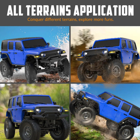 RCS24 1/24 Off Road RC Truck 4x4 Crawler With Bright Headlights Waterproof RTR Blue All Terrain Monster Vehicle showcasing its versatility on various terrains.