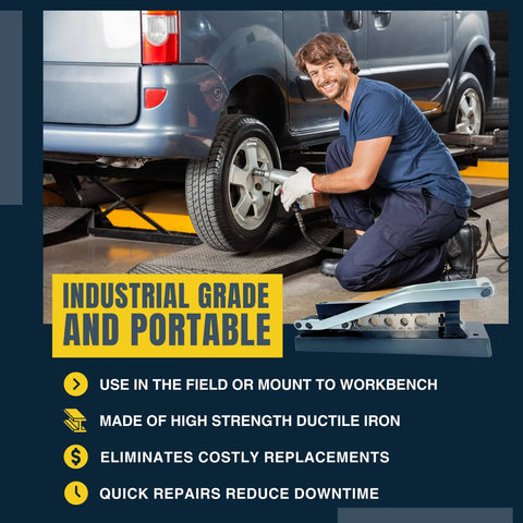 Man using heavy duty ferrule crimping tool and air hose repair kit for three eighths, five sixteenths, and quarter inch ID hoses