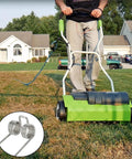 Person using a 14-inch corded dethatcher with heavy-duty steel scarifier tines for model 29272 27022 2500600G, lawn care.