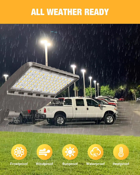 Ridiculously Bright 200W LED Parking Lot Light 28000 Lumens 5000K Shoebox Style Light illuminating cars in rain at night