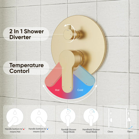 Gabrylly brushed gold shower head system with 10-inch rainfall heads and handheld spray, front view