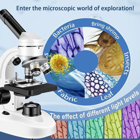 Budget Friendly Compound Microscope with 4X 10X 40X glass objectives and 10X 25X eyepieces displaying magnified samples