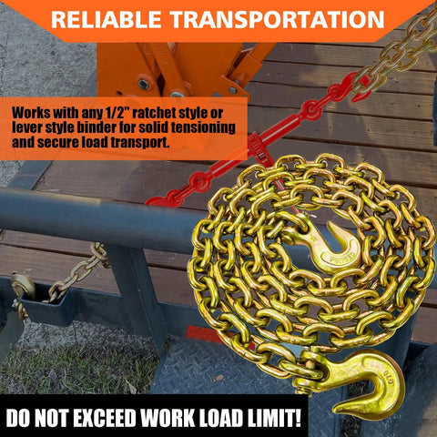 Coiled G80 Heavy Duty Transport Binder Chain Half Inch By 20 Foot With Clevis Grab Hooks, 12,000 Lbs Safe Working Load on flatbed