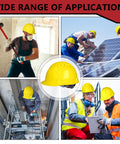 Collage of workers on construction sites and a yellow hard hat 20 Pack 4 Point Suspension Hard Hats Bulk Safety Helmets ABS