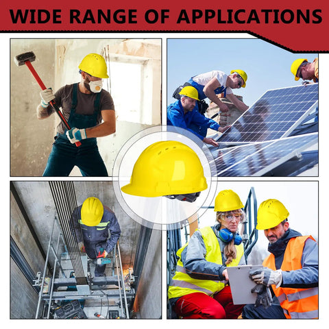 Collage of workers on construction sites and a yellow hard hat 20 Pack 4 Point Suspension Hard Hats Bulk Safety Helmets ABS
