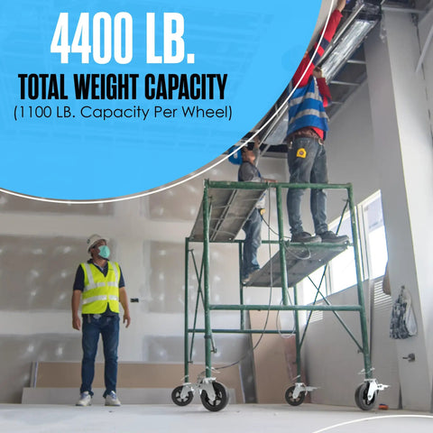 Heavy Duty Scaffolding Wheels With Swivel Stem Mount And Dual Lock Brakes For Smooth Riding On Tough Job Sites eight inch non marking rubber casters in black under scaffolding