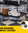 Heavy Duty Three Shelf Rolling Service Cart Built To Haul For Foodservice Restaurant Cleaning And Warehouse Or Garage Use 200 Lb Capacity Black Durable Rust Resistant Easy Maneuverable Ergonomic Handle, non-marking swivel casters