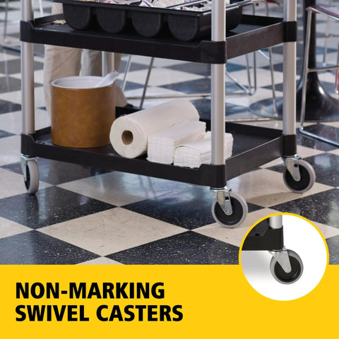 Heavy Duty Three Shelf Rolling Service Cart Built To Haul For Foodservice Restaurant Cleaning And Warehouse Or Garage Use 200 Lb Capacity Black Durable Rust Resistant Easy Maneuverable Ergonomic Handle, non-marking swivel casters