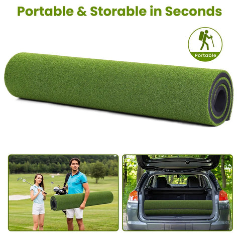 Rolled Big League Golf Hitting Mat 5x4ft or 6x4ft for indoor or outdoor practice, portable for transport and storage.