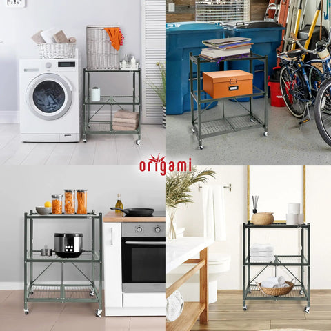 Three Tier Foldable Storage Shelf On Wheels, Heavy Duty Rolling Rack, Pewter Finish, Preassembled Portable Steel Organizer For Garage, Laundry, Shop Or Craft Room, Grab And Go Mobile Storage