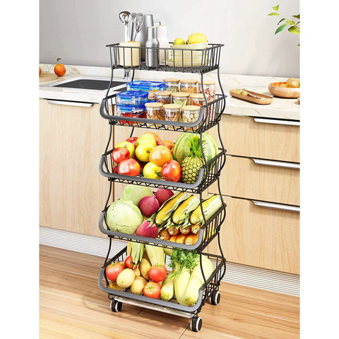 Five Tier Built Tough Metal Wire Rolling Cart Stackable Produce Basket With Smooth Gliding Casters Rust Resistant Black Finish Maximum Airflow Holds Up To 180 Pounds Quick Swap Trays For Kitchen Pantry Closet