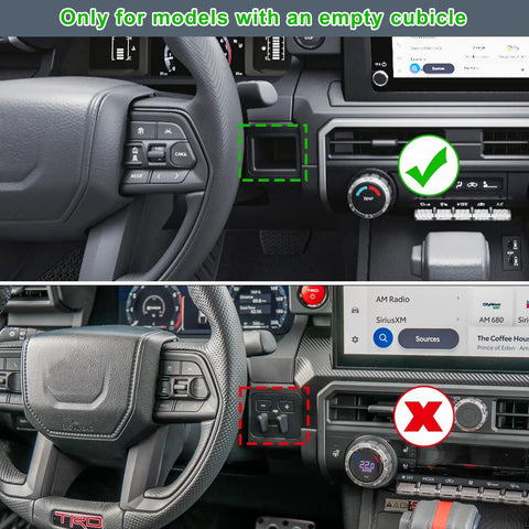 Comparison of center console with and without Center Console Storage Drawer Tray for Toyota Tacoma 2024 2025 2026 and 4Runner 2025 2026 Reclaim Tiny Cubicle Space With Slick Coin Stash And Small Item Organizer Patent Design Easy Install Extra Storage Car Interior Accessory showing empty and filled cubicle.