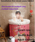 Portable Folding Bathtub With Quick Open Design No Install Needed in pink unicorn print, woman enjoying steam spa.