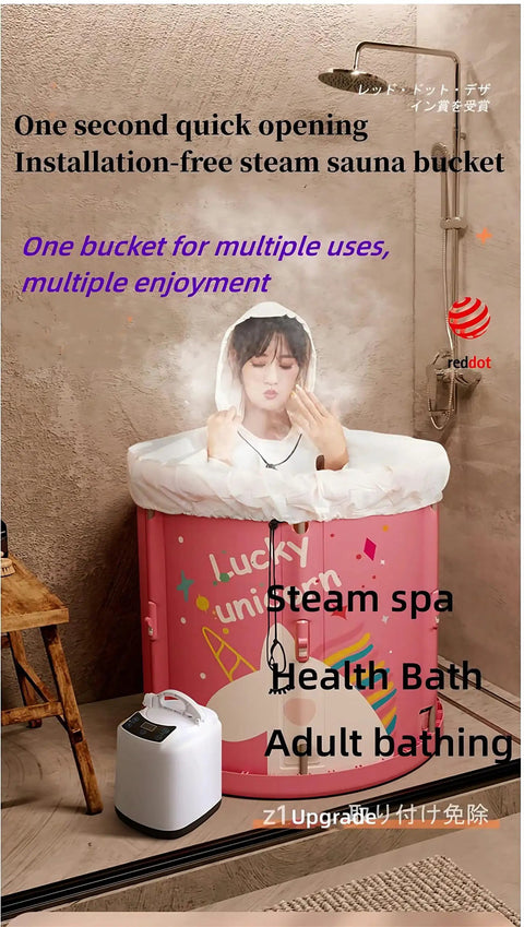 Portable Folding Bathtub With Quick Open Design No Install Needed in pink unicorn print, woman enjoying steam spa.