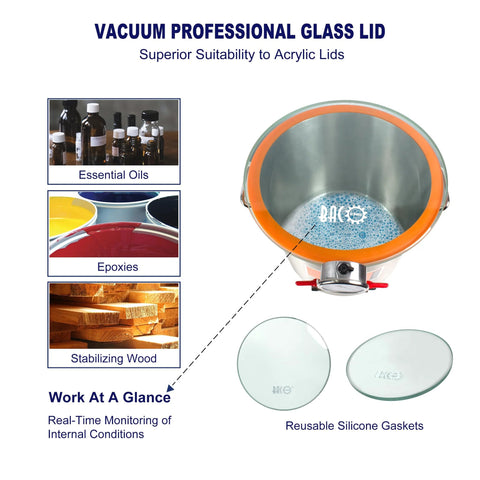 BACOENG 5-Gallon stainless steel vacuum chamber with tempered glass lid and orange gasket; reusable silicone gaskets shown.