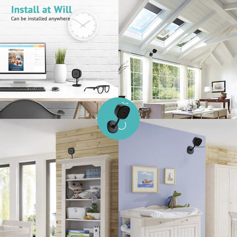 2K Indoor Home Security Camera With Crystal Clear Night Vision, 24/7 Live Video, Motion Alerts, displayed in various home settings.
