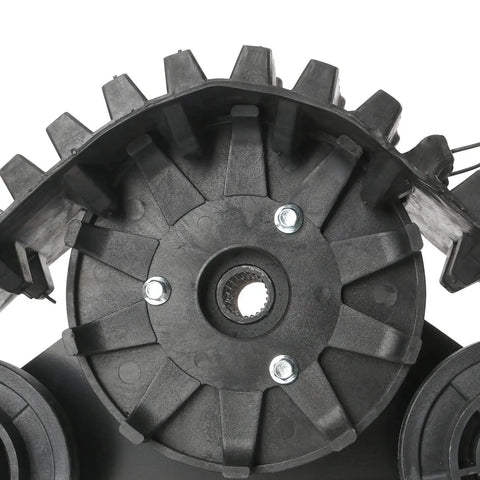 Close-up of Pair Of 23 Tooth Spline Rear ATV Tracks For Go Kart UTV And Quad Beefed Up For Snow Sand Mud Off Road Performance Replacement Track Assembly In Black