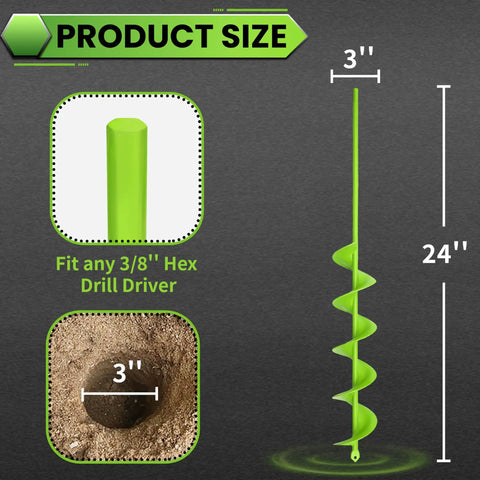 Diagram of Beast Of A Heavy Duty 3 Inch By 24 Inch Auger Drill Bit showing dimensions and 3/8'' hex fit for high torque drills.