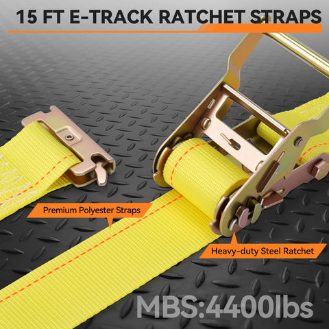 Close-up of 15ft ratchet straps with heavy-duty steel ratchet, part of Built Tough E Track Tie Down Rail Kit 88 Piece Set.