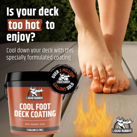 Foot stepping on hot deck with Cool Foot Deck Coating Solar Reflective Paint that lowers surface temperatures up to 35 percent