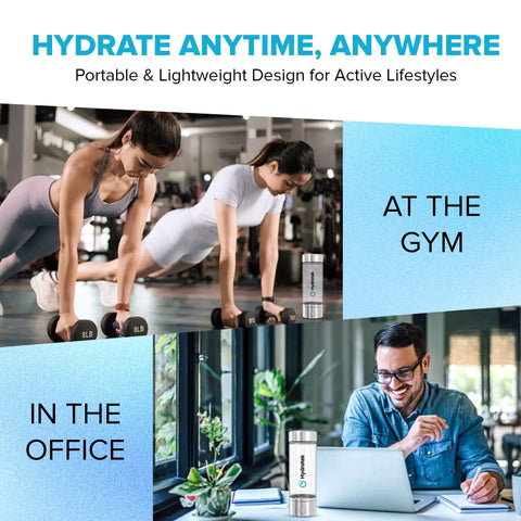 Portable Hydrogen Water Bottle With SPE PEM Tech Ionized Water On The Go 420 Ml for gym and office use.