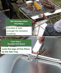 Three In One Flatpack Portable Fire Pit And Grill 16 Inch Heavy Duty Stainless Steel Wood Burning Camping Stove With Adjustable Height shown in use with food on grill.