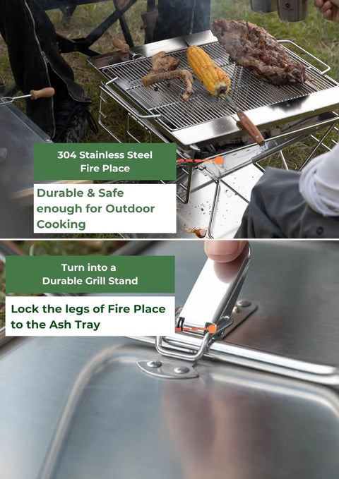 Three In One Flatpack Portable Fire Pit And Grill 16 Inch Heavy Duty Stainless Steel Wood Burning Camping Stove With Adjustable Height shown in use with food on grill.