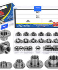 Pro Grade Heavy Duty Carbon Steel Weld Nuts Set M6 M8 M10 M12 Universal Tab Base in storage tray with various sizes.