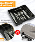 Expandable Bamboo Silverware Organizer for Kitchen Drawers with Five to Seven Compartments, Cutlery Tray Showing No Scratches by Knife
