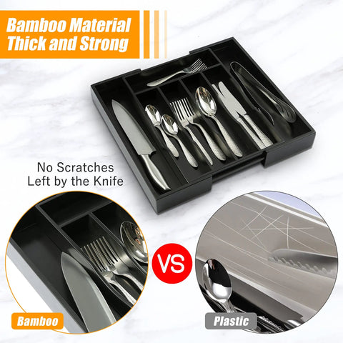 Expandable Bamboo Silverware Organizer for Kitchen Drawers with Five to Seven Compartments, Cutlery Tray Showing No Scratches by Knife