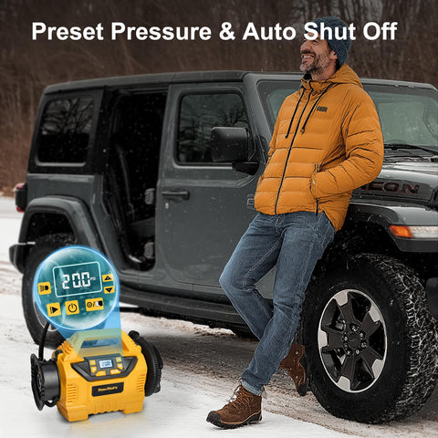 Man using Cordless Tire Inflator Deflator With 160 PSI High Pressure Digital Gauge Auto Shut Off LED Light in winter