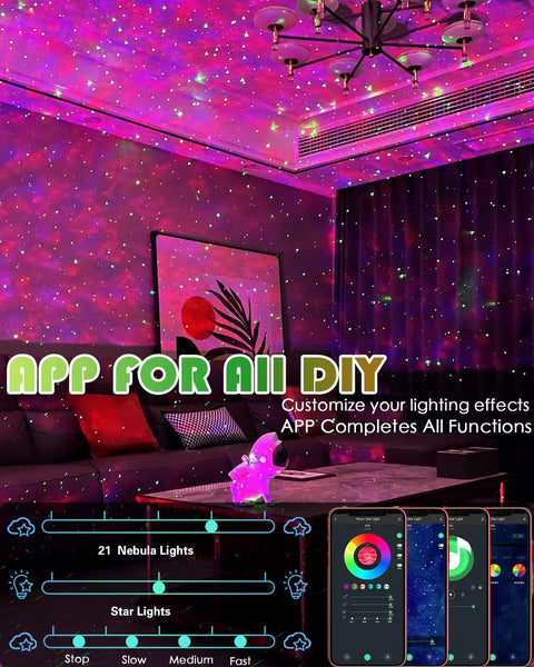 Living room with galaxy projector casting nebula and star effects, promoting 'Get Ready For Epic Nights With This White Galaxy Projector Star Night Light Perfect For Bedroom Decor Kids Room Or Living Space Creating Cool Nebula And Galaxy Effects For Ultimate Relaxation And Sleep Vibes At Home.'