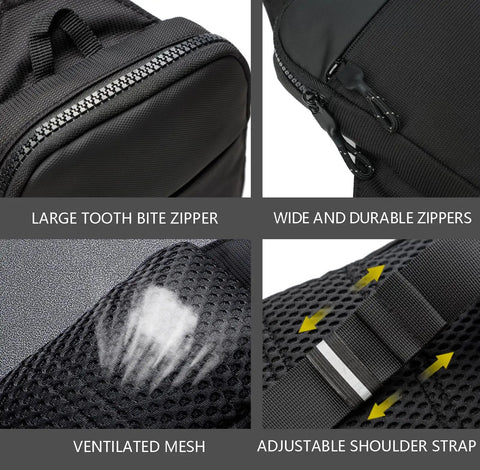 Mini Crossbody Sling Bag For Men And Women, showcasing zippers, ventilated mesh, and adjustable strap for travel work sport