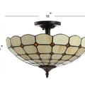 Cream And Black 16 Inch 2 Light Iron And Glass Semi Flush Mount Ceiling Fixture With Tiffany Style Artisanal Scalloped Glass Bowl LED Bulbs Included For Bedroom Hallway, showcasing scalloped Tiffany-style glass design.