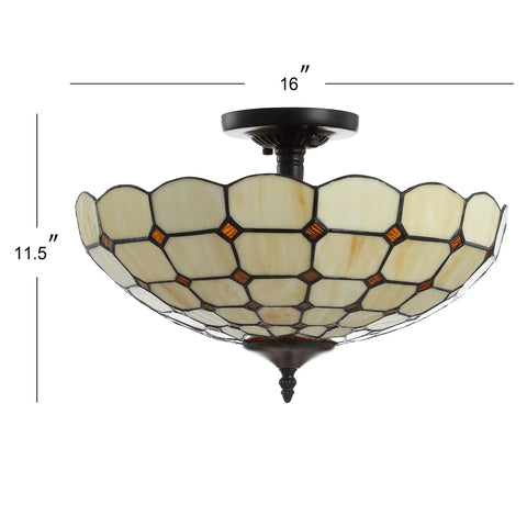 Cream And Black 16 Inch 2 Light Iron And Glass Semi Flush Mount Ceiling Fixture With Tiffany Style Artisanal Scalloped Glass Bowl LED Bulbs Included For Bedroom Hallway, showcasing scalloped Tiffany-style glass design.