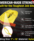 Heavy Duty Rock Solid 1 Inch By 16 Foot Nylon Lifting Sling Built Different For Industrial Rigging Rated At 3200 Lb Vertical And 6400 Lb Basket Capacity All USA Built No Sweat Workhorse Eye To Eye Strap with flat eye and inspection tag.