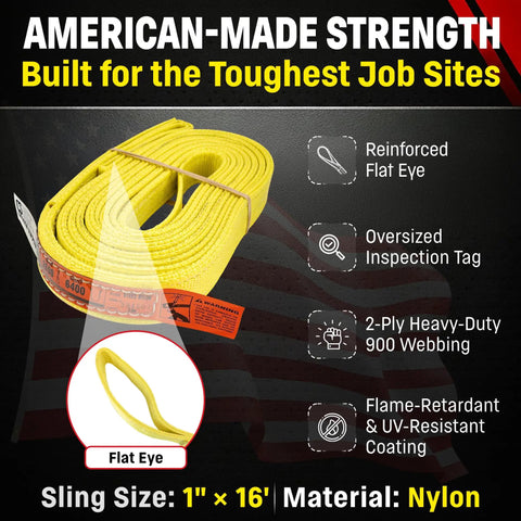 Heavy Duty Rock Solid 1 Inch By 16 Foot Nylon Lifting Sling Built Different For Industrial Rigging Rated At 3200 Lb Vertical And 6400 Lb Basket Capacity All USA Built No Sweat Workhorse Eye To Eye Strap with flat eye and inspection tag.