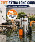 Heavy Duty Submersible Sump Pump With Automatic Float Switch powers through heavy water jobs, showing 25ft extra-long cord in use.