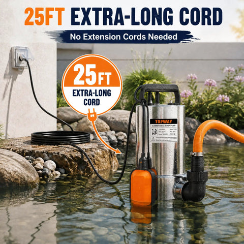 Heavy Duty Submersible Sump Pump With Automatic Float Switch powers through heavy water jobs, showing 25ft extra-long cord in use.