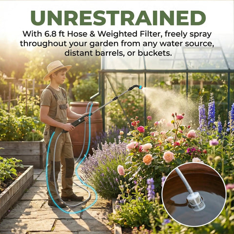 Gardener using Rechargeable Cordless High Reach Plant Waterer With Telescoping Wand From 25.6 To 33.4 Inches Adjustable Nozzles And Long Hose