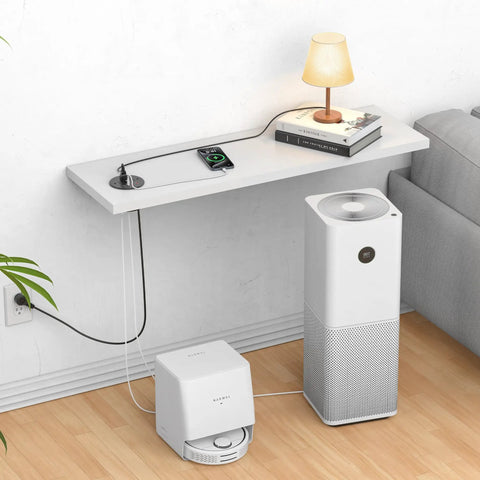 Premium 100W USB C Desktop Power Grommet With Compact Layout Featuring GAN Fast Charging installed beneath a desk with lamp.