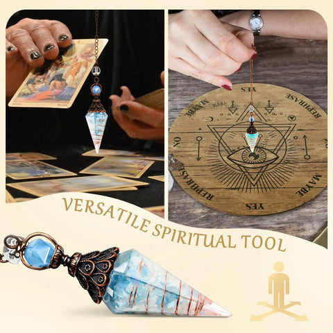 Crystal Copper Pendulum For Divination And Energy Balancing With Real Aquamarine Chip Crystals, Dowsing Tool Displayed