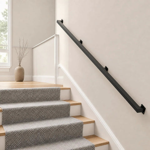 Five Hundred Pound Legit Heavy Duty Stair Handrail Wall Mounted Rock Solid Reinforced Steel Zero Play Banister Safe Grip For Seniors And Kids Built Tough Home Upgrade on staircase with gray carpet.